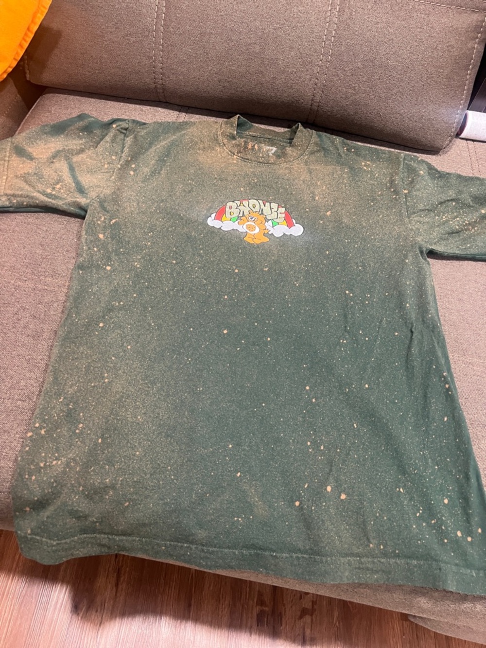 Purposely Semi bleeched Green Graphic Tee with Fun Cartoon Print